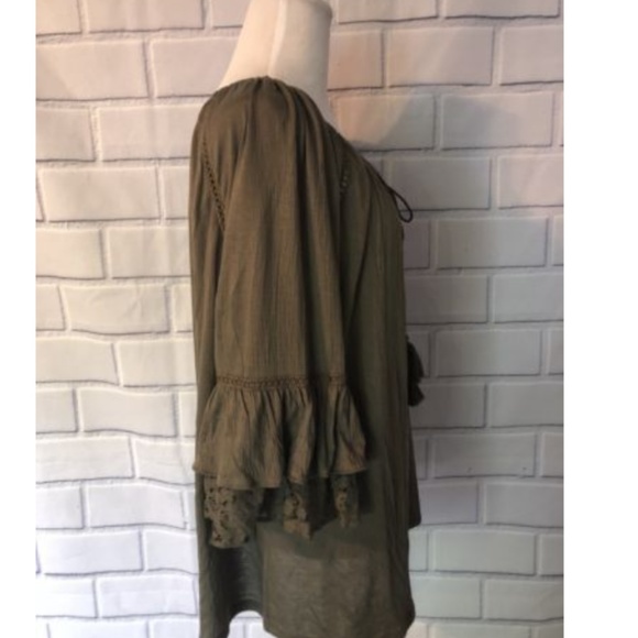 Olive Bell Sleeve Blouse Drawstring Tassel Top - Picture 4 of 7